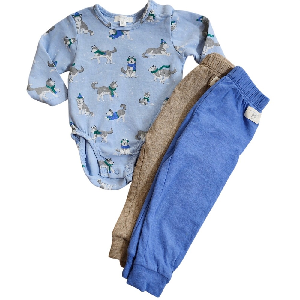 Purebaby 6-12M Boys Organic Cotton Winter Husky Bodysuit Joggers Set 3pc Blue